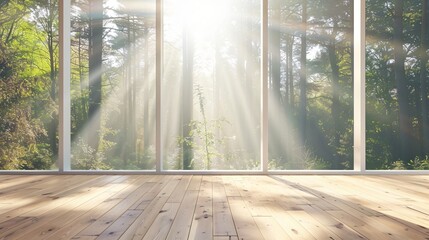 Sunlight streaming through large glass windows, illuminating a wooden floor with a serene forest view.







