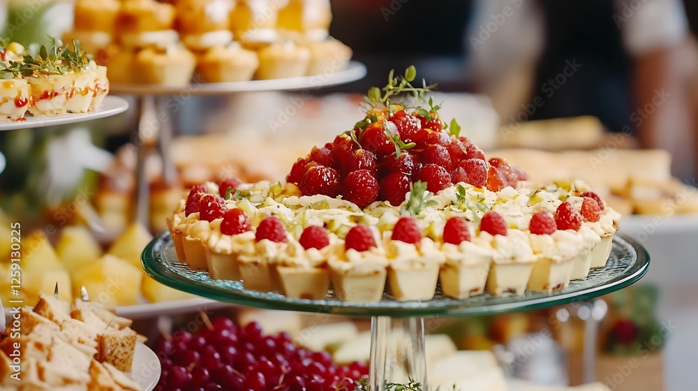 Poster deliciously decorated dessert table featuring raspberry tarts and other sweet treats for an event : 