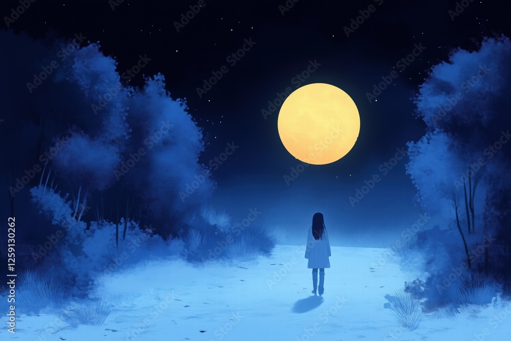 Poster a serene night scene featuring a girl walking on a path under a large, bright moon. the landscape is