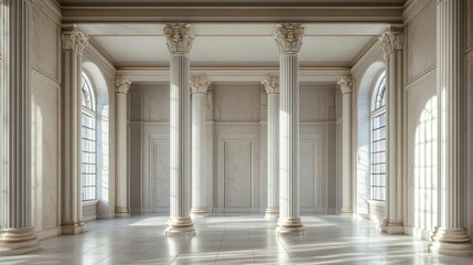 Sunlit classical hall with marble columns and arched windows.