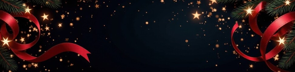 Ornate Christmas greeting banner featuring swirling ribbons and twinkling stars on a black backdrop, christmas, dark, evening