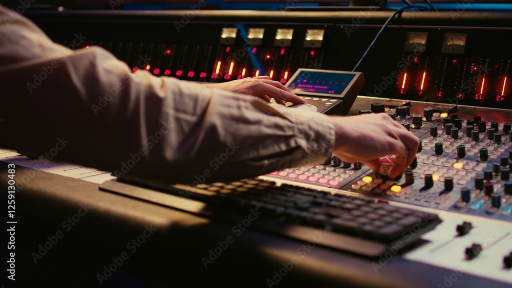 Poster Sound designer working with sliders and switchers on control desk in professional music recording studio, editing and producing songs for a new album. Technician adjusting volume levels. Camera B.