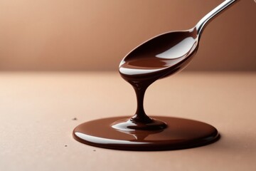 Melted chocolate forming a puddle on the countertop as it drops from a spoon , culinary animation, chocolate puddle, melted chocolate