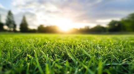 Sunlit Green Grass Field at Dawn Inviting Vibes of Nature and Outdoor Serenity for Relaxation : Generative AI