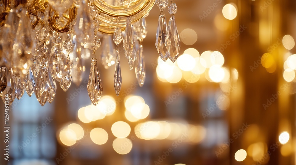 Poster luxurious crystal chandelier glimmering with warm bokeh lights in elegant interior : generative ai