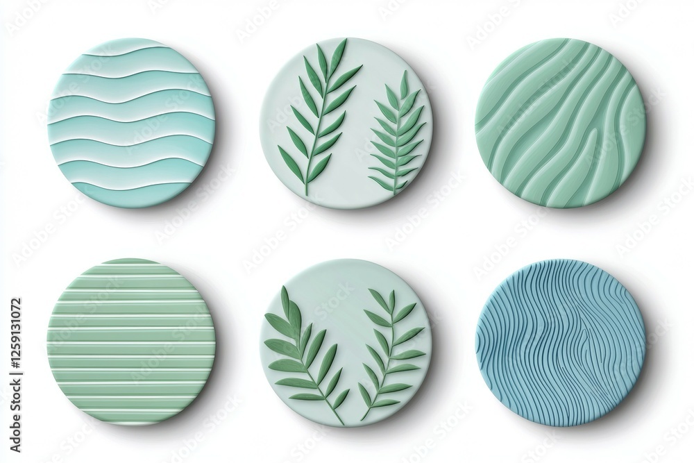 Poster six different colored round objects with leaf designs on them