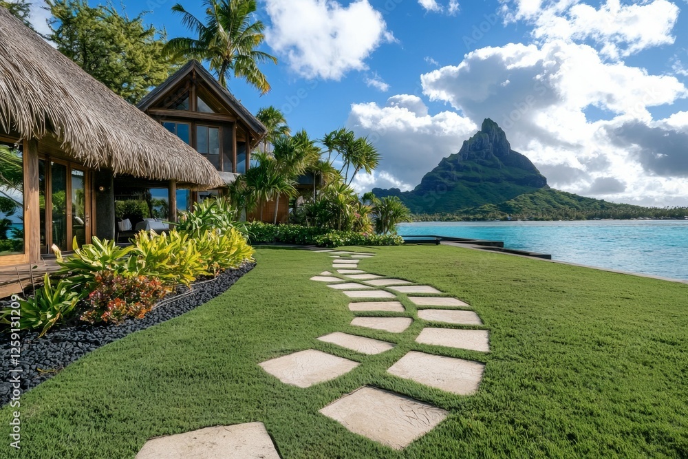 Poster house with a path leading to it and a mountain in the background