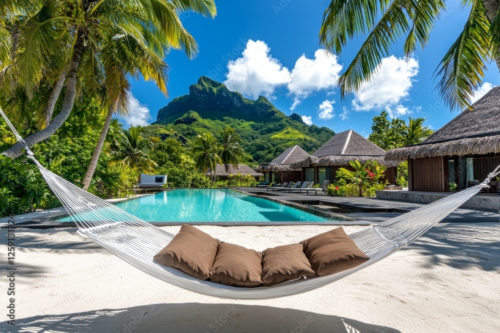 Poster hammock is hanging over a pool in a tropical setting