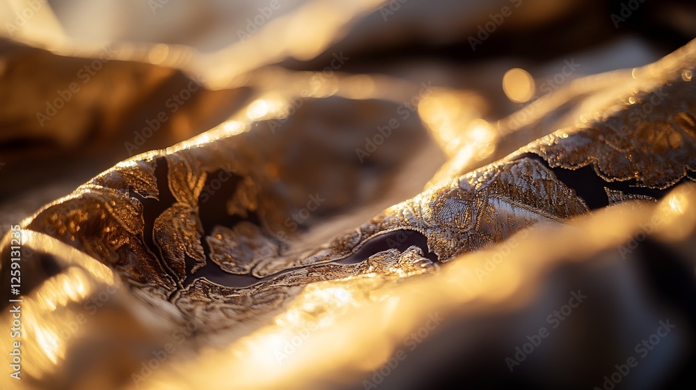 Poster Luxurious Golden Fabric with Intricate Patterns Glowing in Soft Light : Generative AI