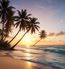 Fototapeta premium Palm trees sway above serene ocean waters on a sunny beach at sunset, landscape, beach scene, tropical