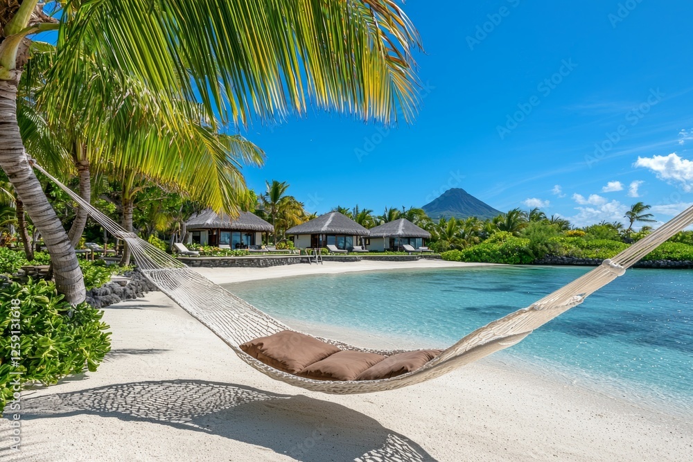 Poster white hammock is hanging over a beach with palm trees in the background