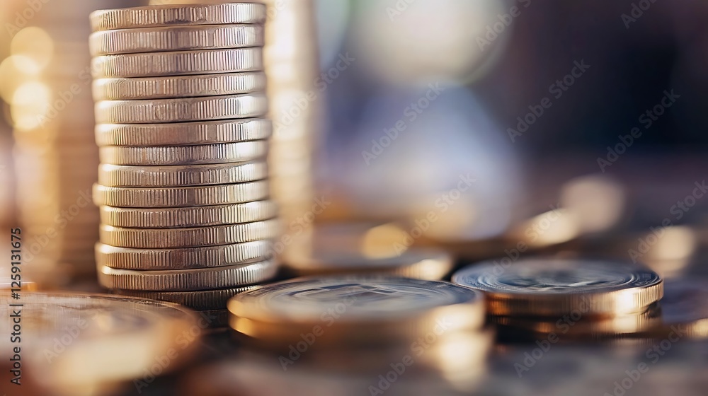 Poster close up of stacked coins showing details of currency and value : generative ai