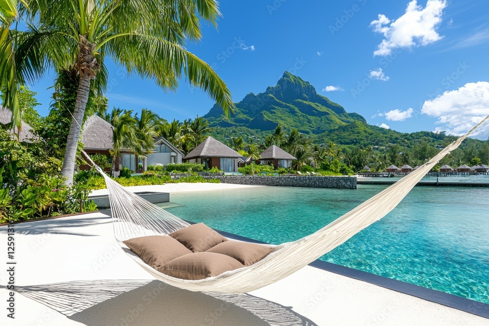 Poster white hammock is hanging over a beach with palm trees in the background