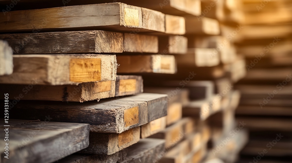 Poster Stacked Wooden Planks Close Up in a Timber Yard for Building and Design Projects : Generative AI