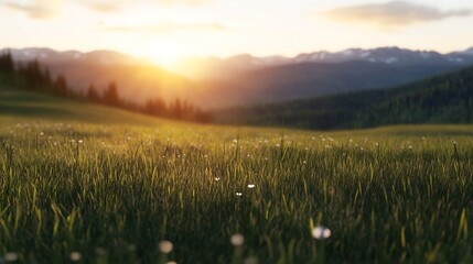 Picturesque Sunset Over Rolling Green Hills and Gorgeous Mountain Range : Generative AI