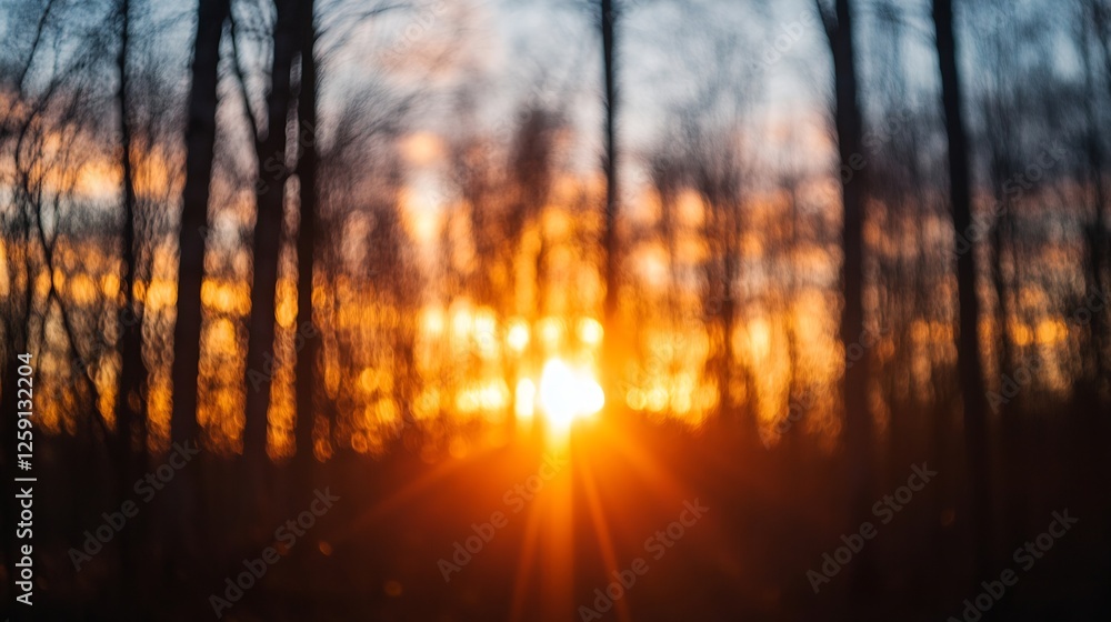 Poster Beautiful Sunset Peeking Through Silhouetted Trees Creating a Dreamy Blurry Scene with Warm Colors : Generative AI