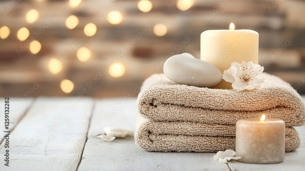 Poster calm and serene spa setting featuring soft towels and lit candles creating a relaxing environment : 