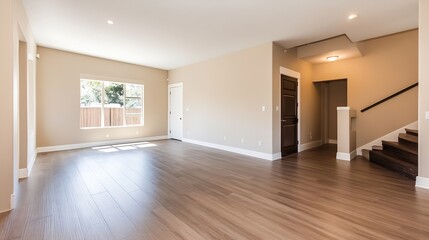 Obraz premium Bright and Spacious Empty Living Room with Natural Light and Wood Flooring : Generative AI