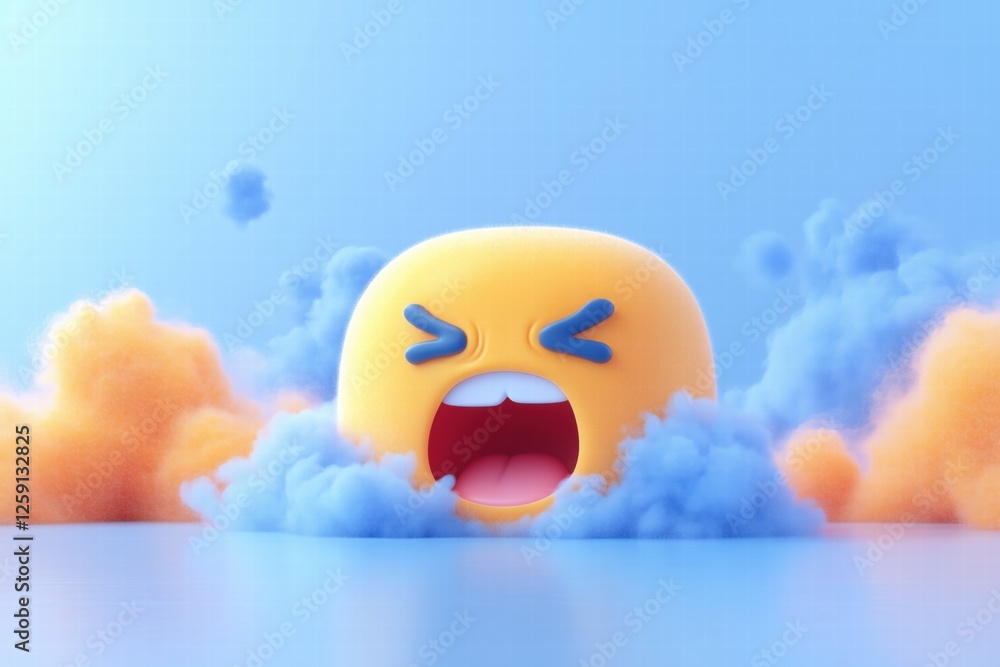 Poster a cartoonish yellow emoji with a wide open mouth, expressing a loud scream, surrounded by colorful c