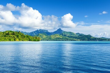 Beautiful blue ocean with a mountain in the background