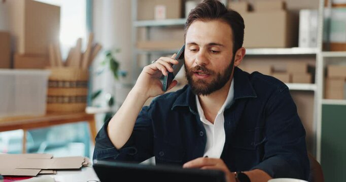 Businessman, logistics or tablet with phone call for inventory, stock check or schedule delivery at office. Man, distributor or supplier talking on mobile smartphone with technology for online order