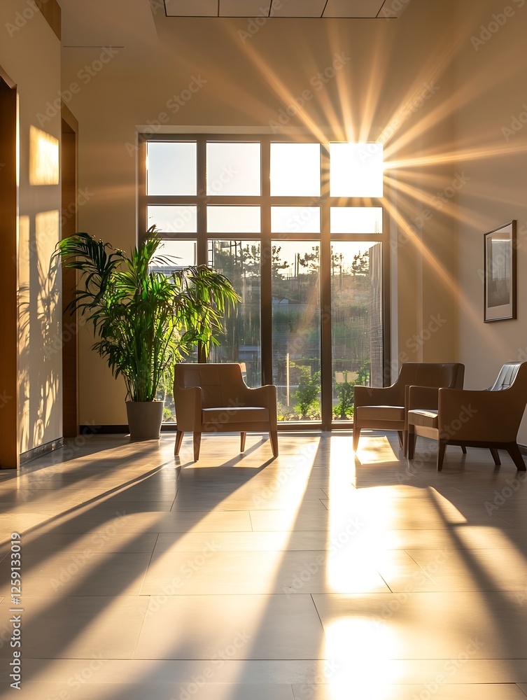 Poster bright and inviting interior space with sunlight streaming through large windows and lush greenery :