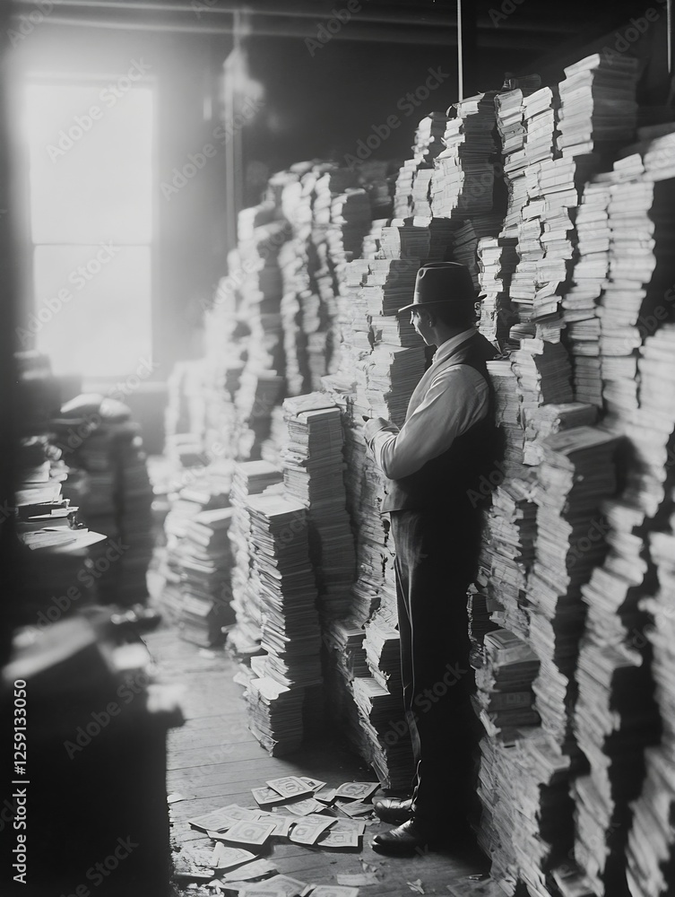 Poster vintage black and white image of a man amongst stacked books in a classic library setting : generati