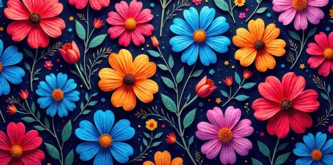 Psychedelic pattern of colorful flowers on a vibrant background, groovy, abstract, design