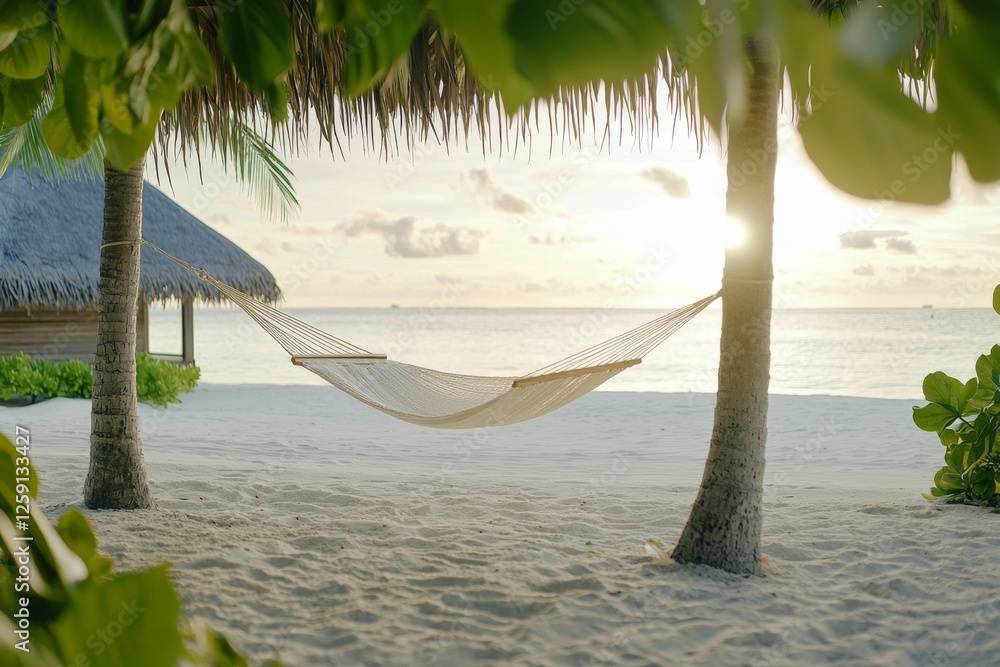 Poster beach scene with a hammock hanging between two palm trees