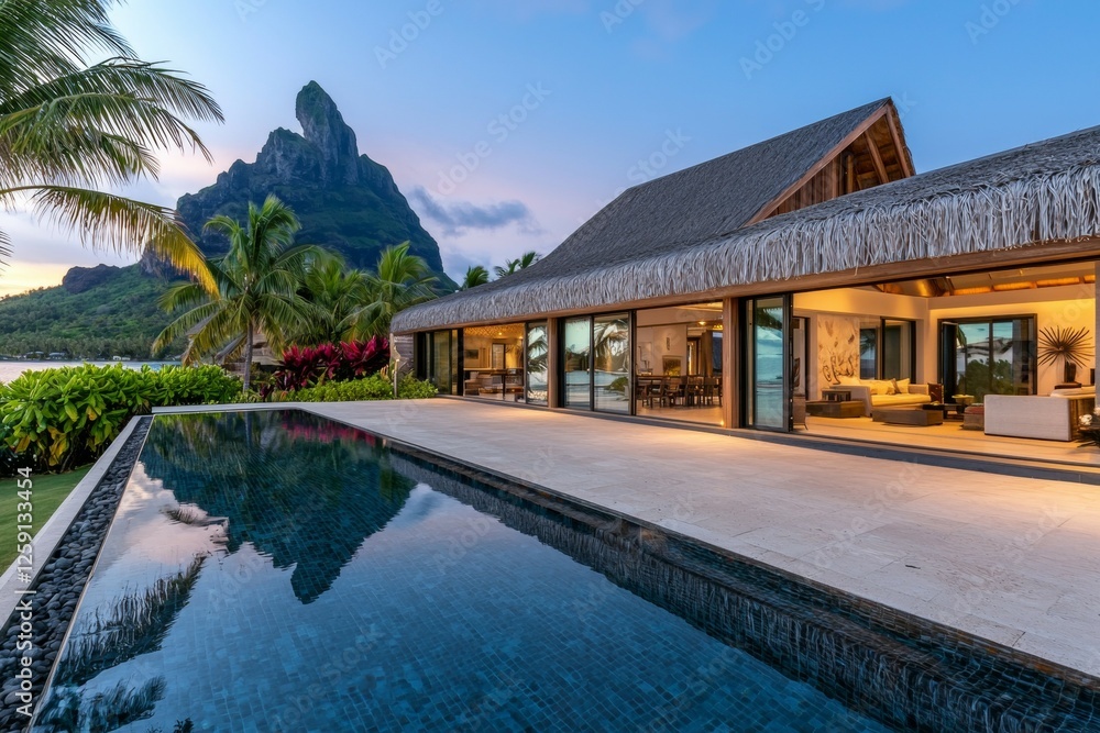 Poster large house with a pool and a mountain in the background
