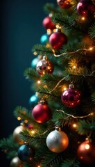 Radiant Christmas Tree Adorned with Colorful Baubles and Glowing String Lights, radiant, string lights