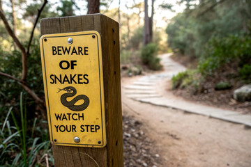 A warning sign on a wooden post advises hikers to beware of snakes and to watch their step along a forested path.