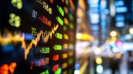 Financial Stock Market Display Board Featuring Colorful Graphs and Numbers Representing Trading Data : Generative AI