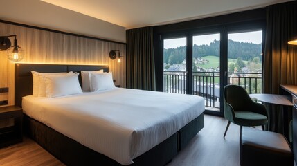 Cozy hotel room with a king-size bed, stylish decor, and a scenic balcony view.