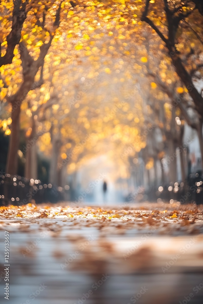 Poster golden autumn leaves creating a dreamy pathway in a city park filled with warm light : generative ai