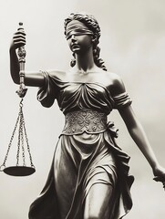Obraz premium Imposing statue of Lady Justice holding scales symbolizing law and order in a muted monochrome setting : Generative AI