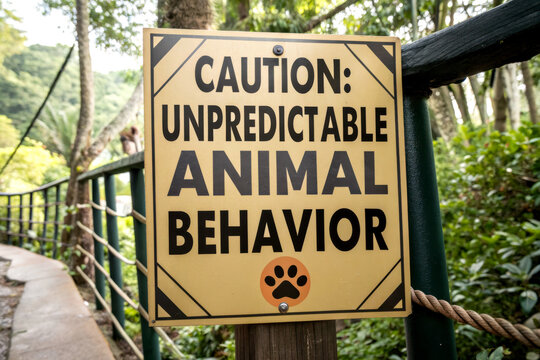 A caution sign warning about unpredictable animal behavior in a natural environment.