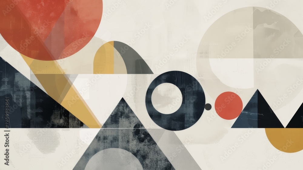 Poster a visually engaging geometric abstract composition featuring overlapping triangles, circles, and lin