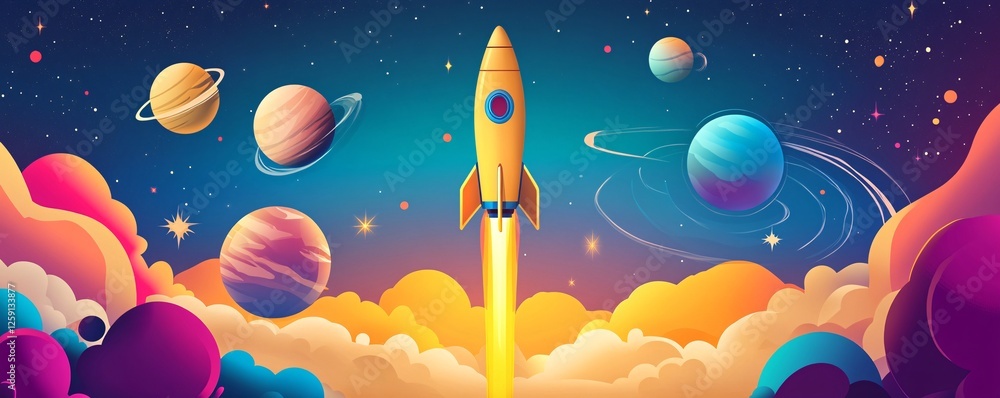 Aufkleber illustration of a yellow spaceship flying through space with colorful planets and clouds