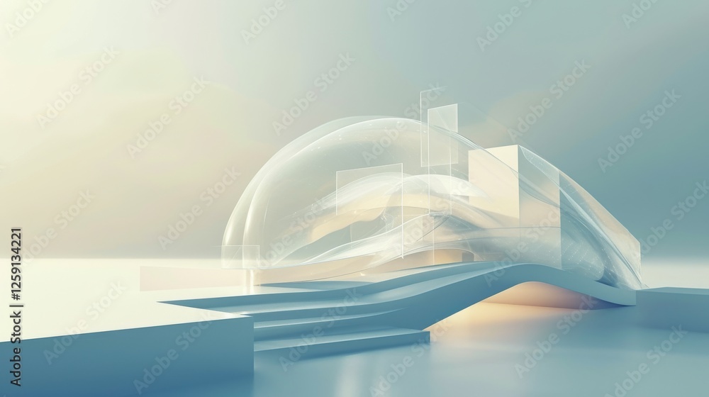 Poster a modern futuristic landscape featuring a curved glass dome with sleek, minimalistic architecture. t