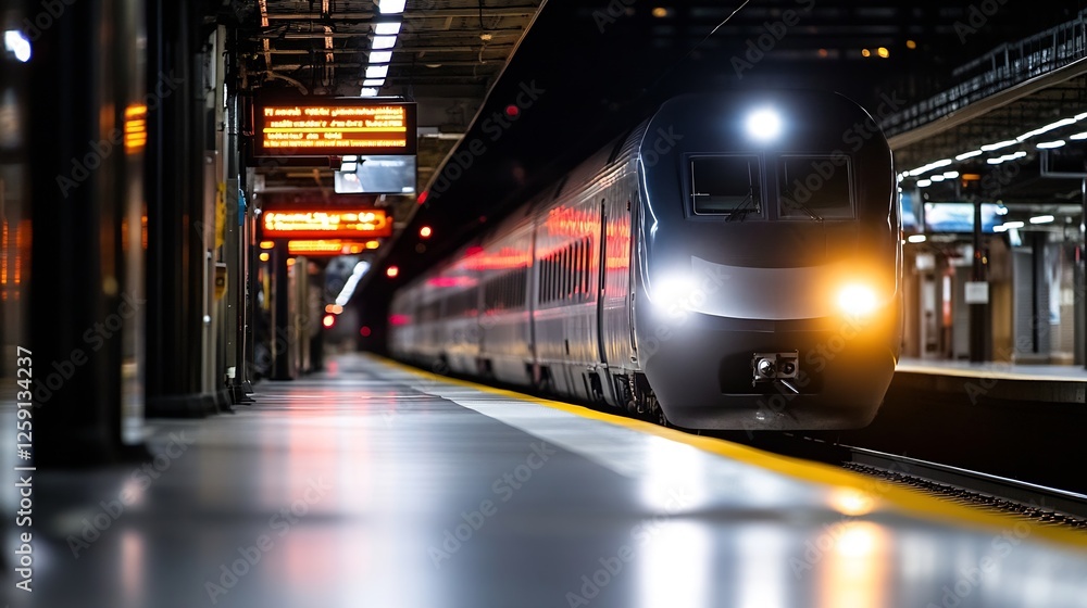 Aufkleber Modern Train Approaching Station in Night Setting with Bright Lights and Empty Platform : Generative AI