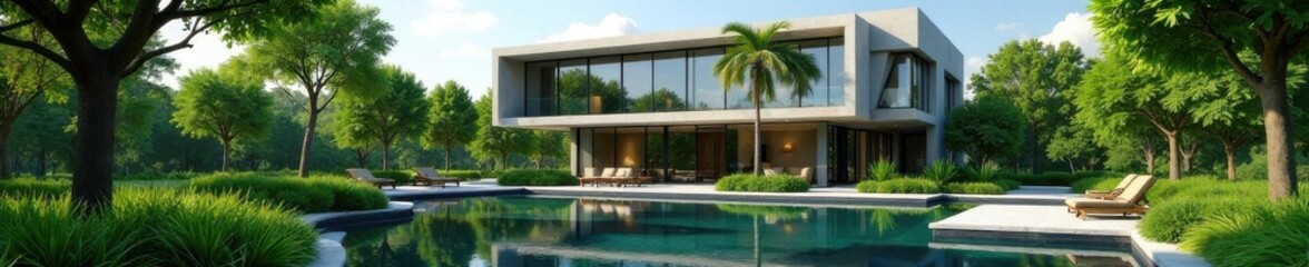 Modern office building surrounded by lush greenery and tranquil water features, , calm ambiance