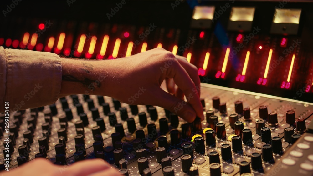 Aufkleber Audio technician twisting pre amp knobs and buttons on panel board in control room, using editing console for mixing and mastering tracks. Professional tracking engineer in music studio. Camera B.