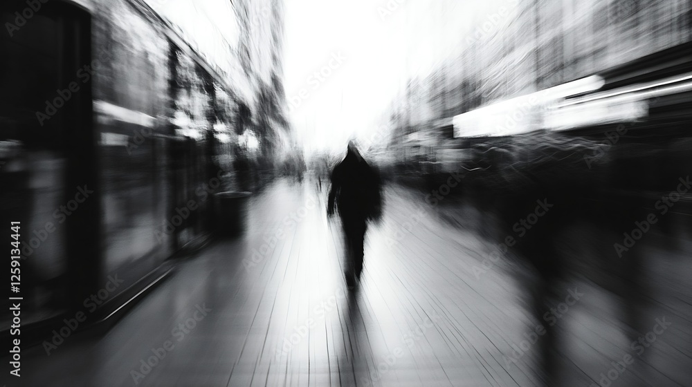 Poster blurred silhouette of a lone figure walking in a crowded urban setting evoking mystery and solitude 