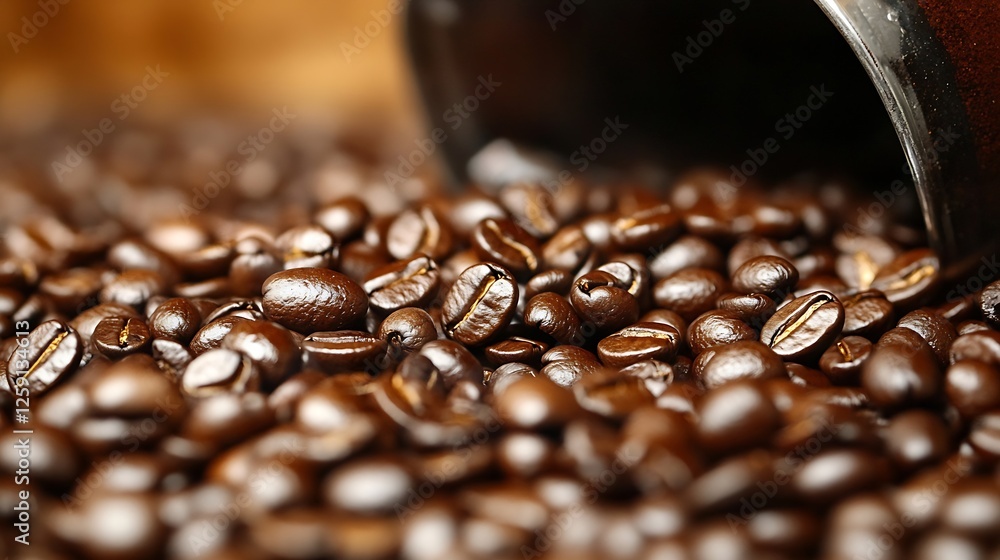 Poster rich and aromatic coffee beans spilled on a wooden surface showcasing their texture and warmth : gen