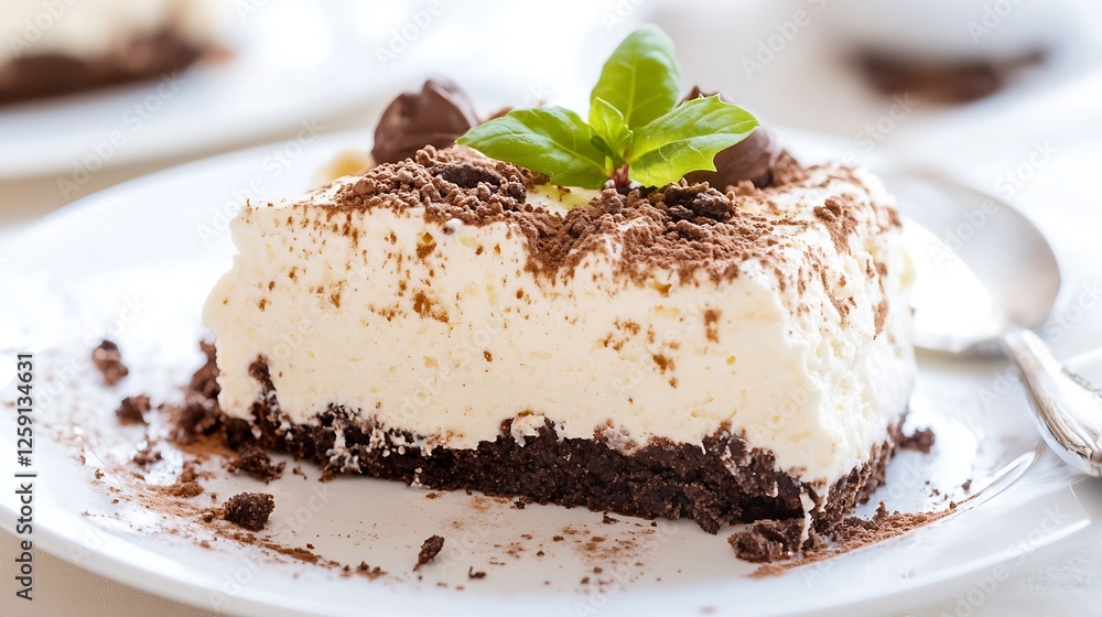 Poster indulgent chocolate mousse cake sliced and ready to serve with mint garnish : generative ai