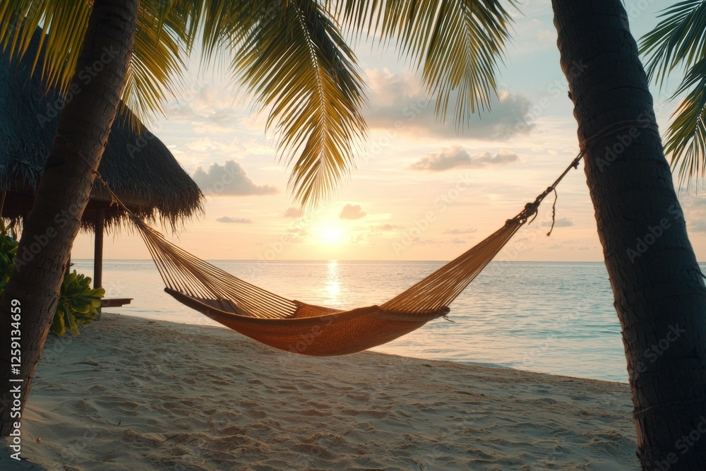 Poster hammock is hanging between two palm trees on a beach