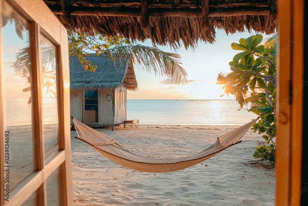 Poster beach scene with a hammock hanging from a window