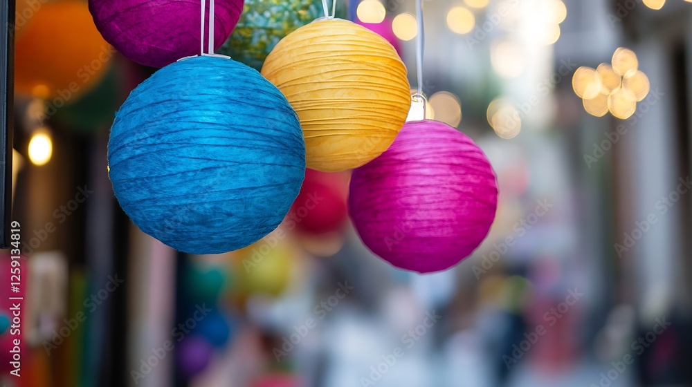 Poster Colorful Paper Lanterns Hanging with Blurry Background Creating a Festive Atmosphere : Generative AI