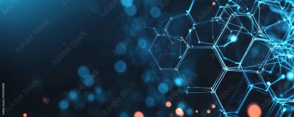 Poster abstract hexagonal molecular structure with bokeh background
